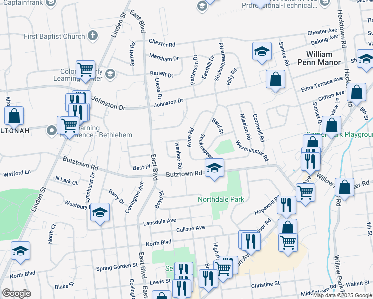 map of restaurants, bars, coffee shops, grocery stores, and more near 2838 Ivanhoe Road in Bethlehem