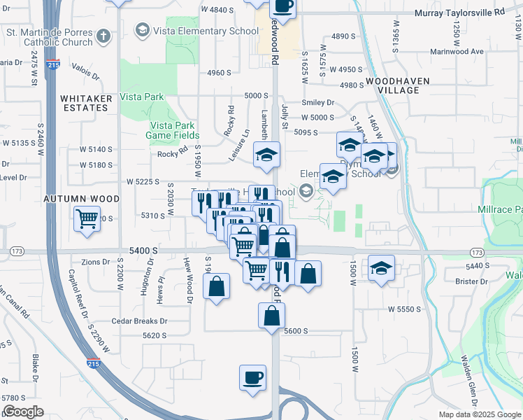 map of restaurants, bars, coffee shops, grocery stores, and more near 5318 South Redwood Road in Taylorsville