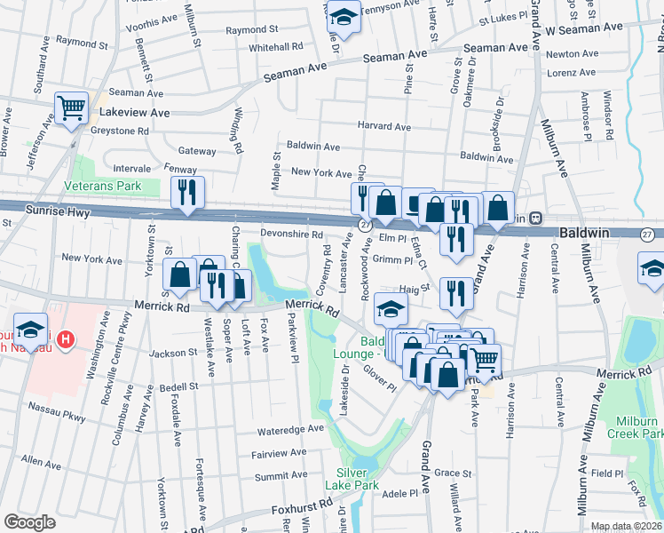 map of restaurants, bars, coffee shops, grocery stores, and more near 2323 Lancaster Avenue in Baldwin