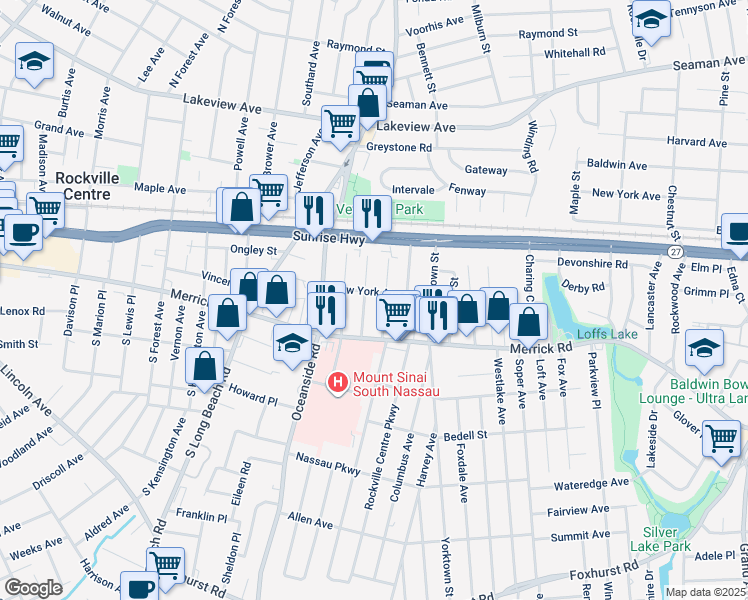 map of restaurants, bars, coffee shops, grocery stores, and more near 23 Chestnut Street in Rockville Centre