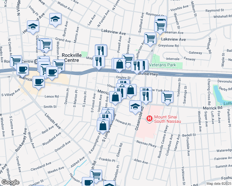 map of restaurants, bars, coffee shops, grocery stores, and more near 510 Merrick Road in Rockville Centre