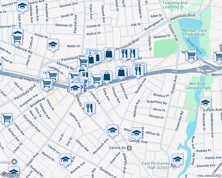 map of restaurants, bars, coffee shops, grocery stores, and more near 105 Vincent Avenue in Lynbrook