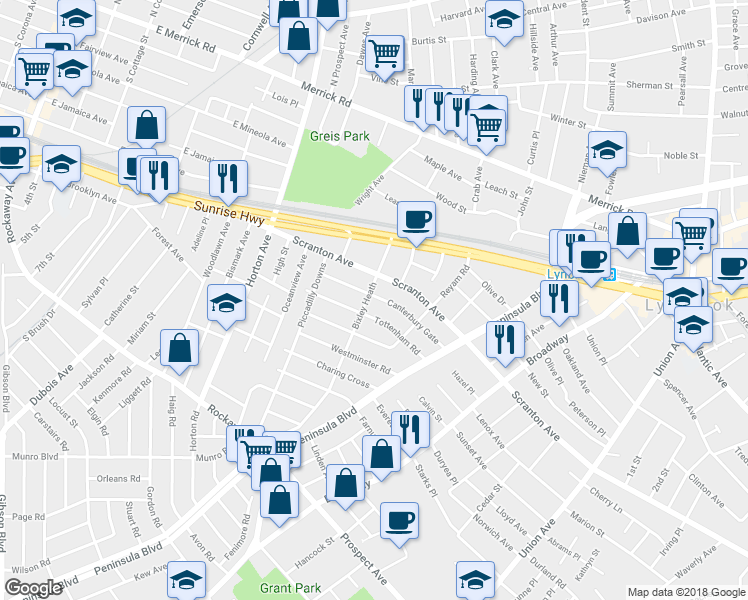 map of restaurants, bars, coffee shops, grocery stores, and more near 88 Bixley Heath in Lynbrook