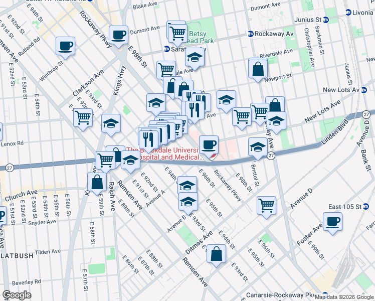 map of restaurants, bars, coffee shops, grocery stores, and more near 567 East 96th Street in Brooklyn