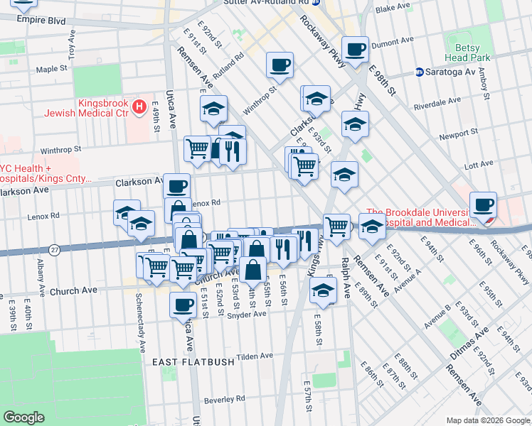 map of restaurants, bars, coffee shops, grocery stores, and more near 150 East 55th Street in Brooklyn