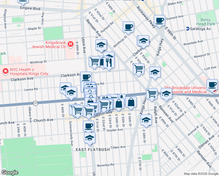 map of restaurants, bars, coffee shops, grocery stores, and more near 227B East 53rd Street in Brooklyn