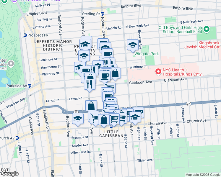 map of restaurants, bars, coffee shops, grocery stores, and more near 1308 Nostrand Avenue in Brooklyn