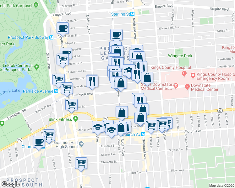 map of restaurants, bars, coffee shops, grocery stores, and more near 690 Rogers Avenue in Brooklyn