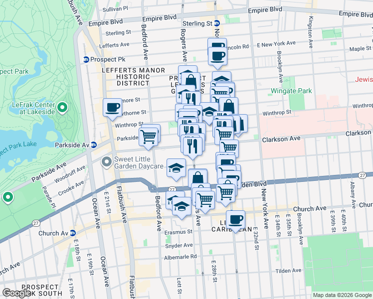 map of restaurants, bars, coffee shops, grocery stores, and more near 690 Rogers Avenue in Brooklyn
