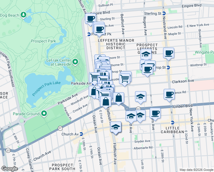 map of restaurants, bars, coffee shops, grocery stores, and more near 2123 Lenox Road in Brooklyn