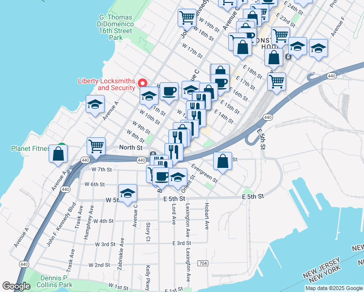 map of restaurants, bars, coffee shops, grocery stores, and more near 7 Linnet Street in Bayonne