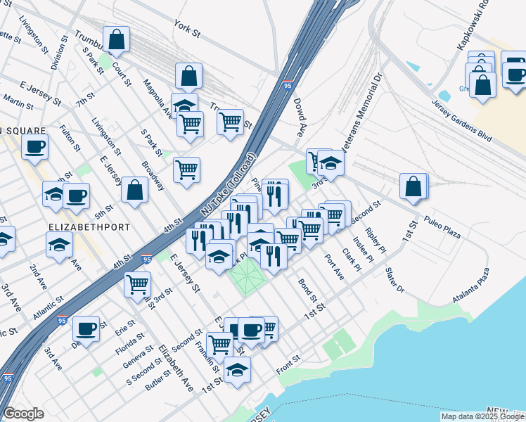 map of restaurants, bars, coffee shops, grocery stores, and more near 210 3rd Street in Elizabeth