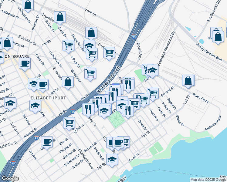 map of restaurants, bars, coffee shops, grocery stores, and more near 319 Court Street in Elizabeth