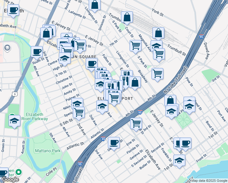 map of restaurants, bars, coffee shops, grocery stores, and more near in Elizabeth