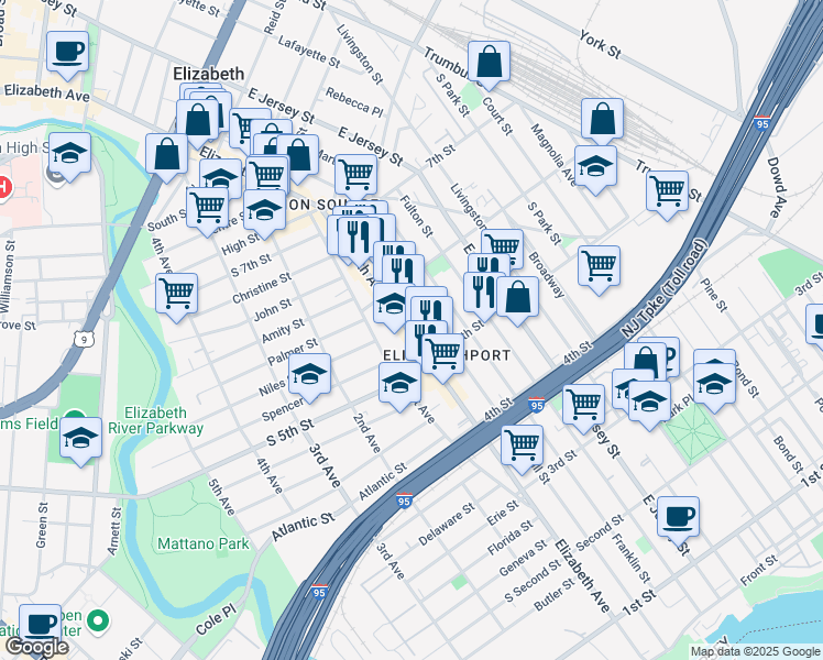 map of restaurants, bars, coffee shops, grocery stores, and more near 520 Elizabeth Avenue in Elizabeth