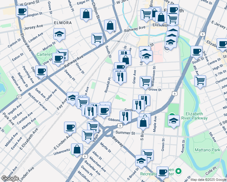 map of restaurants, bars, coffee shops, grocery stores, and more near in Elizabeth