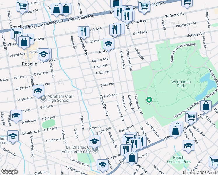 map of restaurants, bars, coffee shops, grocery stores, and more near 421 East 7th Avenue in Roselle