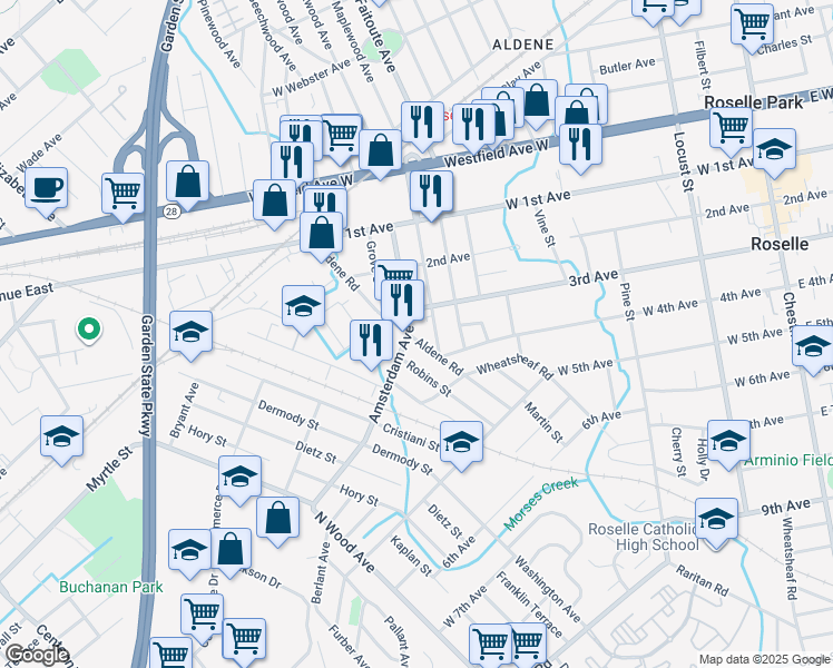 map of restaurants, bars, coffee shops, grocery stores, and more near 390 Aldene Road in Roselle