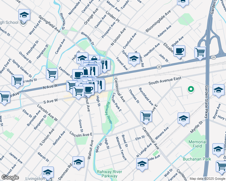 map of restaurants, bars, coffee shops, grocery stores, and more near 105 Lincoln Park East in Cranford