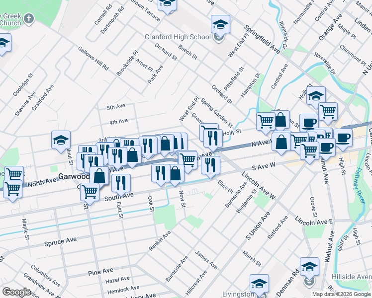 map of restaurants, bars, coffee shops, grocery stores, and more near 38 North Avenue in Garwood
