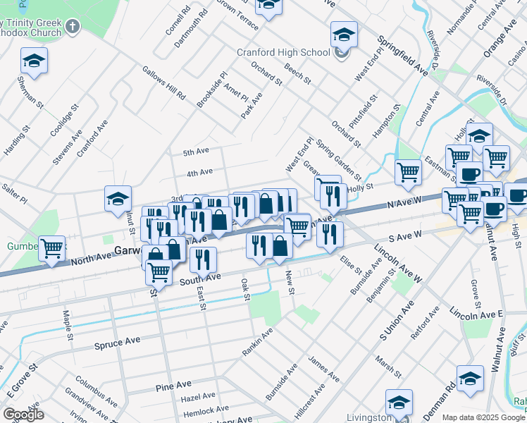 map of restaurants, bars, coffee shops, grocery stores, and more near 64 North Avenue in Garwood