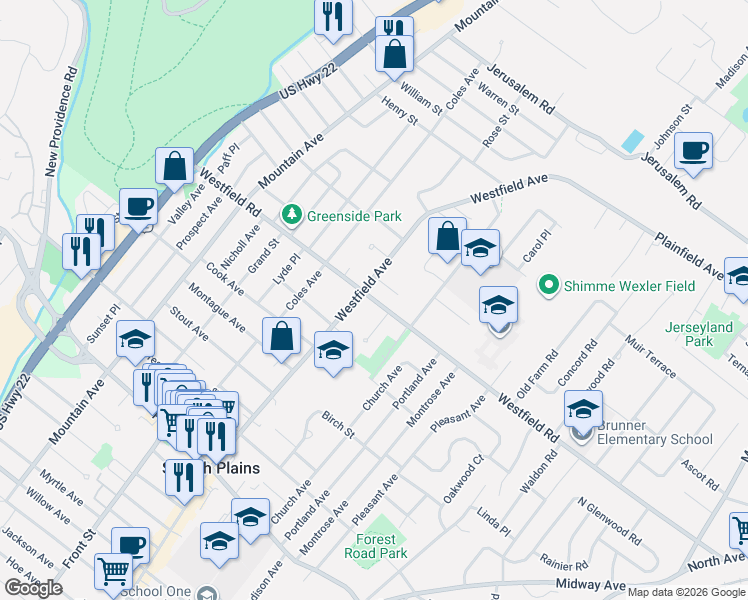 map of restaurants, bars, coffee shops, grocery stores, and more near 2109 Westfield Road Circle in Scotch Plains