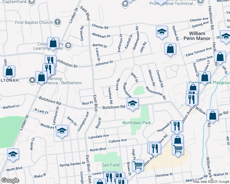 map of restaurants, bars, coffee shops, grocery stores, and more near 2838 Ivanhoe Road in Bethlehem