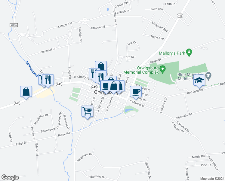 map of restaurants, bars, coffee shops, grocery stores, and more near 207 East Market Street in Orwigsburg