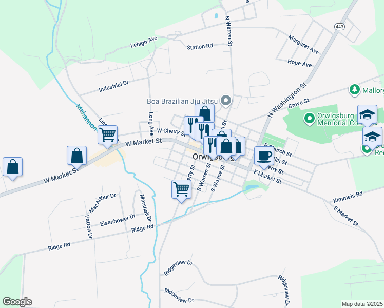 map of restaurants, bars, coffee shops, grocery stores, and more near 122 South Liberty Street in Orwigsburg