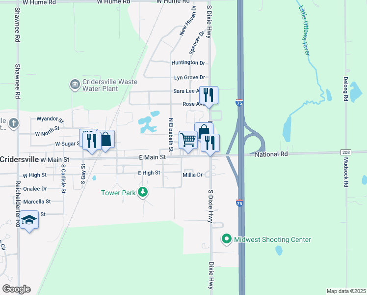 map of restaurants, bars, coffee shops, grocery stores, and more near 601 East Main Street in Cridersville