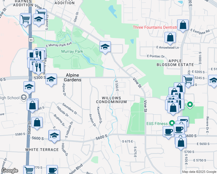map of restaurants, bars, coffee shops, grocery stores, and more near 415 East Creekside Circle in Murray
