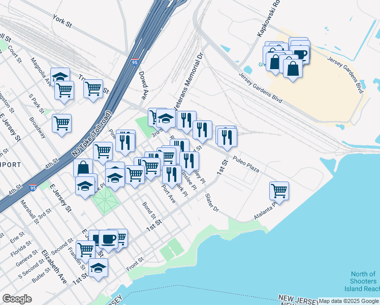map of restaurants, bars, coffee shops, grocery stores, and more near 315 Second Street in Elizabeth
