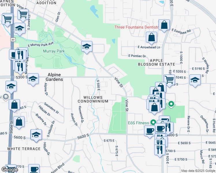 map of restaurants, bars, coffee shops, grocery stores, and more near 5330 South 590 East in Murray