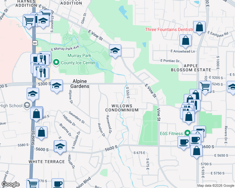 map of restaurants, bars, coffee shops, grocery stores, and more near 405 East Creekside Circle in Salt Lake City