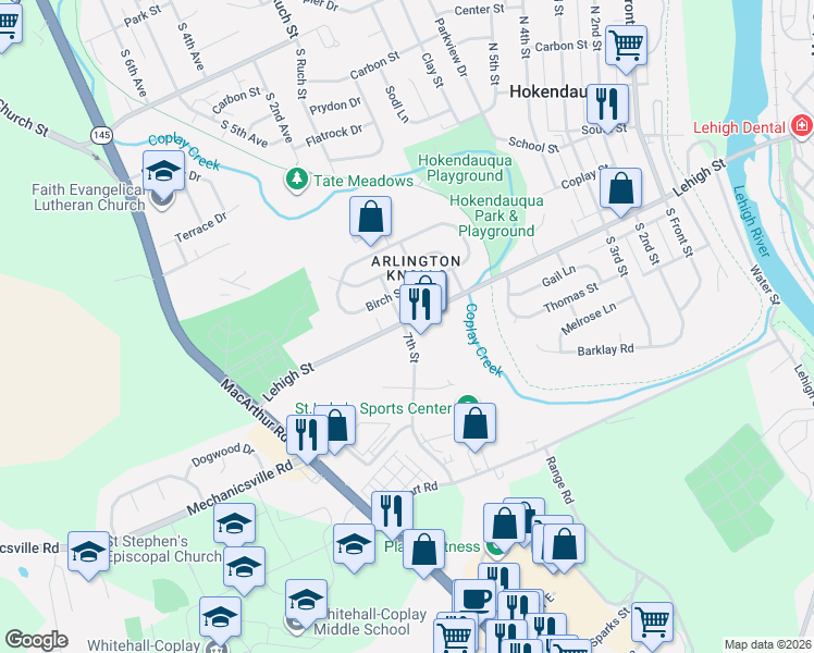 map of restaurants, bars, coffee shops, grocery stores, and more near 3259 7th Street in Hokendauqua