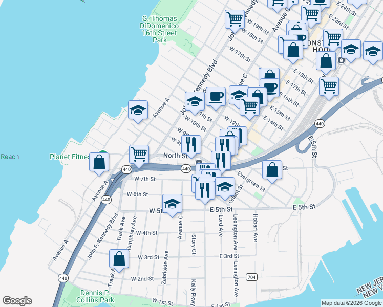 map of restaurants, bars, coffee shops, grocery stores, and more near 12 North Street in Bayonne
