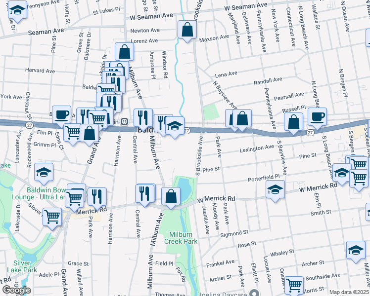 map of restaurants, bars, coffee shops, grocery stores, and more near 50 South Brookside Avenue in Freeport