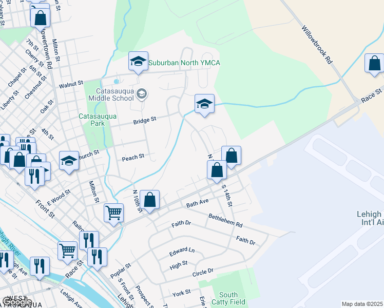 map of restaurants, bars, coffee shops, grocery stores, and more near 42 North 14th Street in Catasauqua