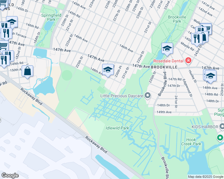 map of restaurants, bars, coffee shops, grocery stores, and more near 148-35 230th Place in Queens