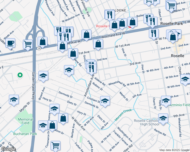 map of restaurants, bars, coffee shops, grocery stores, and more near 390 Aldene Road in Roselle