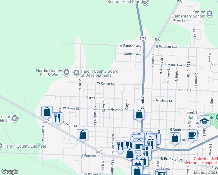 map of restaurants, bars, coffee shops, grocery stores, and more near 520 Center Street in Kenton