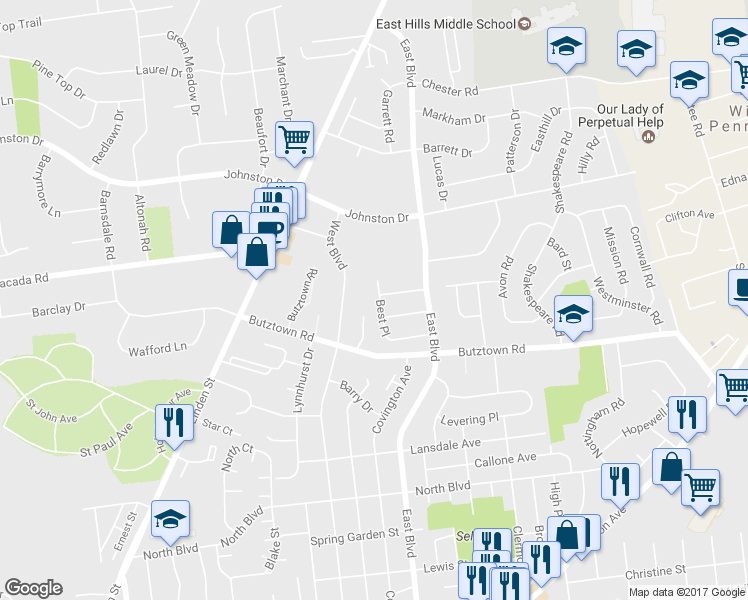 map of restaurants, bars, coffee shops, grocery stores, and more near 1620 Best Place in Bethlehem