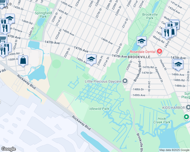 map of restaurants, bars, coffee shops, grocery stores, and more near 148-35 230th Place in Queens