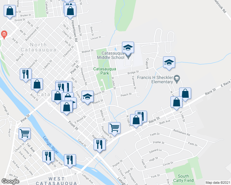 map of restaurants, bars, coffee shops, grocery stores, and more near 331 Saint John Street in Catasauqua