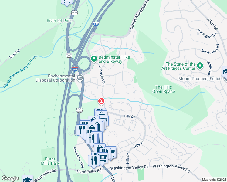 map of restaurants, bars, coffee shops, grocery stores, and more near 49 High Pond Lane in Bedminster Township