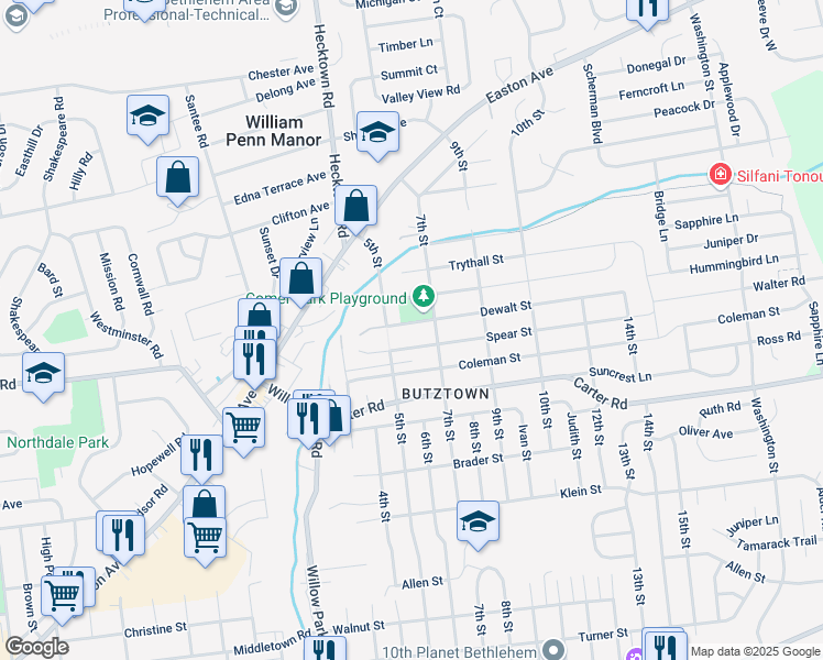 map of restaurants, bars, coffee shops, grocery stores, and more near 3501 Spear Street in Bethlehem