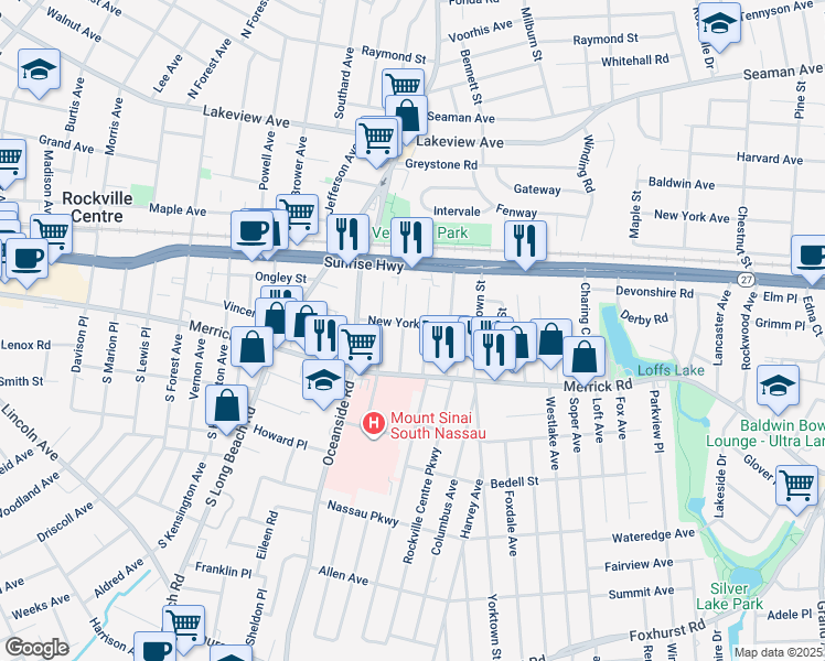 map of restaurants, bars, coffee shops, grocery stores, and more near 23 Chestnut Street in Rockville Centre