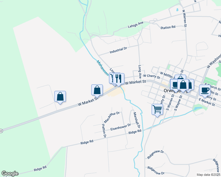 map of restaurants, bars, coffee shops, grocery stores, and more near 724 West Market Street in Orwigsburg