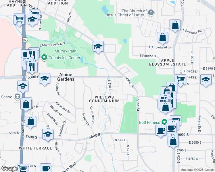 map of restaurants, bars, coffee shops, grocery stores, and more near 475 East Creekside Circle in Murray