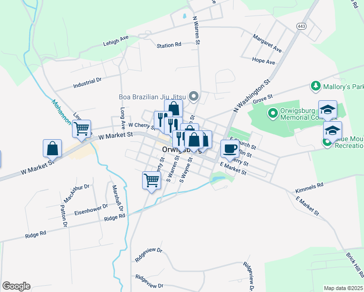 map of restaurants, bars, coffee shops, grocery stores, and more near 100 North Warren Street in Orwigsburg